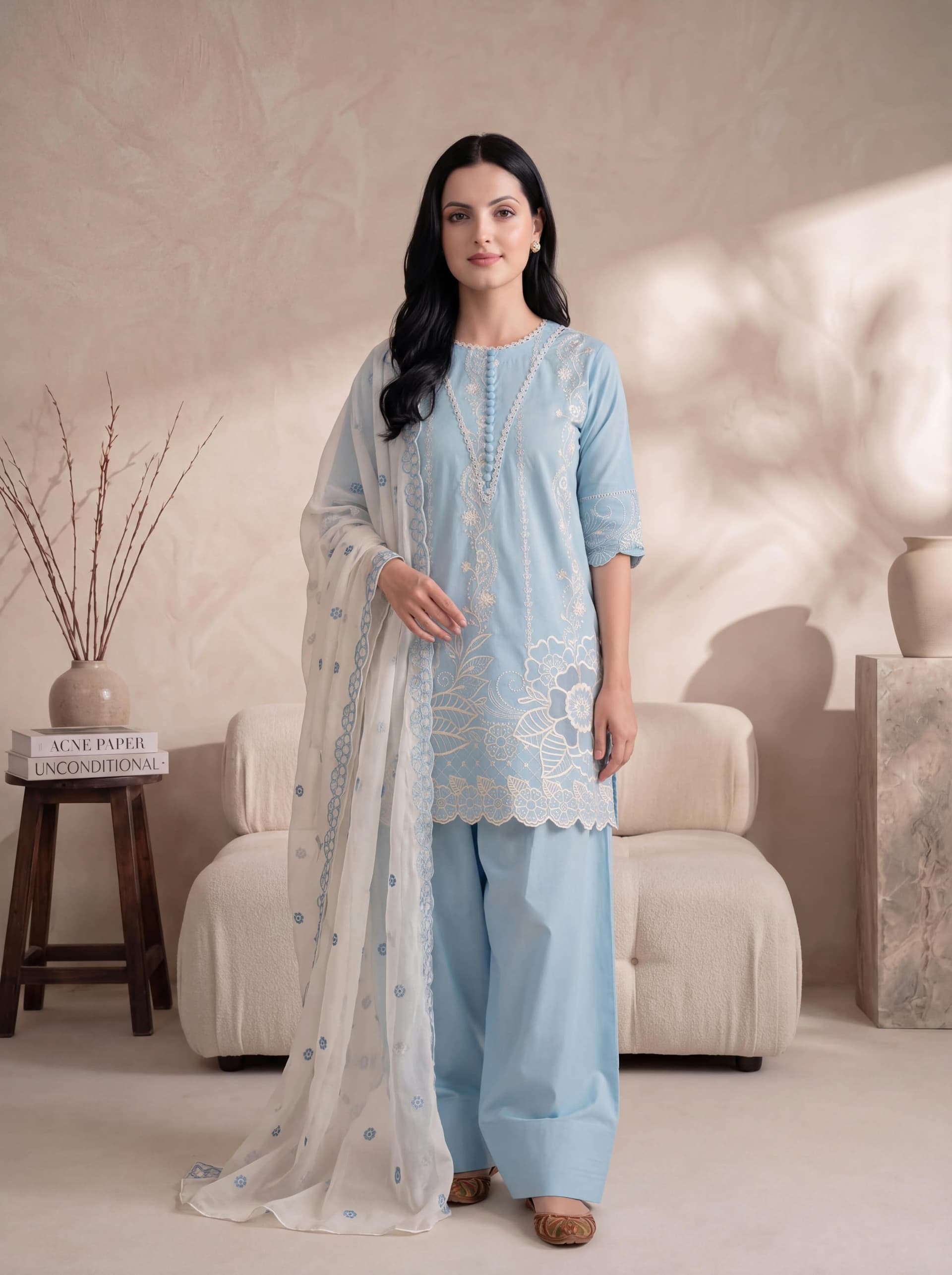 Pakistani women's festive chiffon suit - SORAYA SKY EMBROIDERED 3PC (FARSHI)