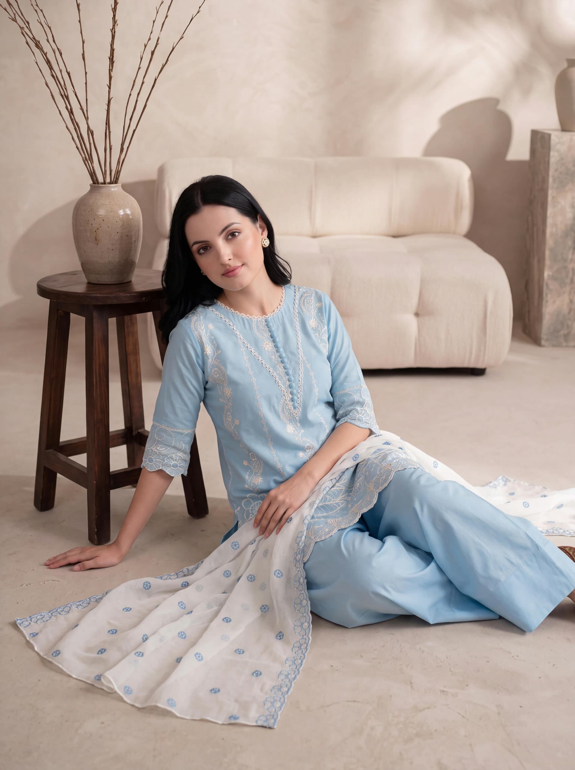 Pakistani women's festive chiffon suit - SORAYA SKY EMBROIDERED 3PC (FARSHI)