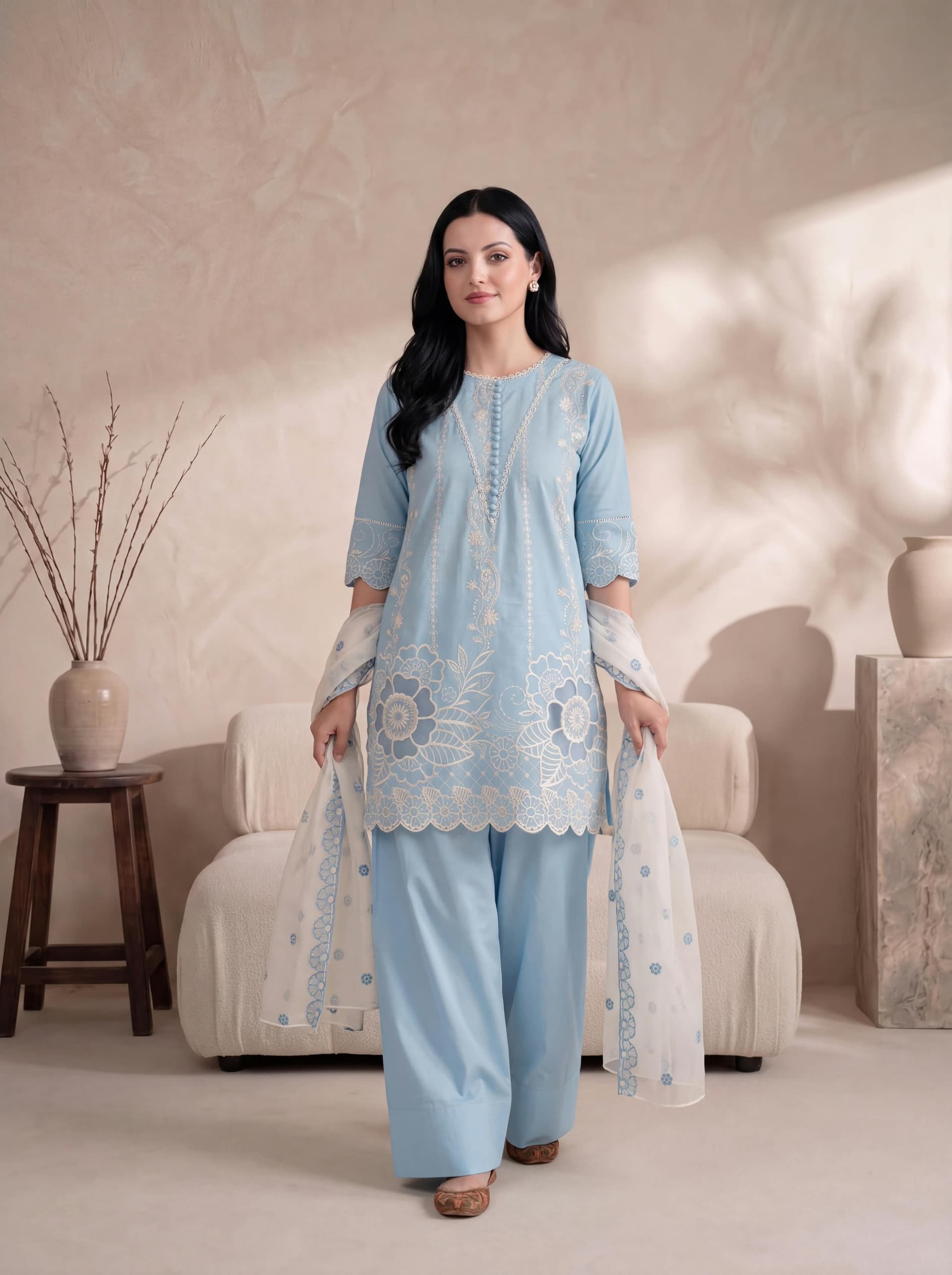 Pakistani women's festive chiffon suit - SORAYA SKY EMBROIDERED 3PC (FARSHI)